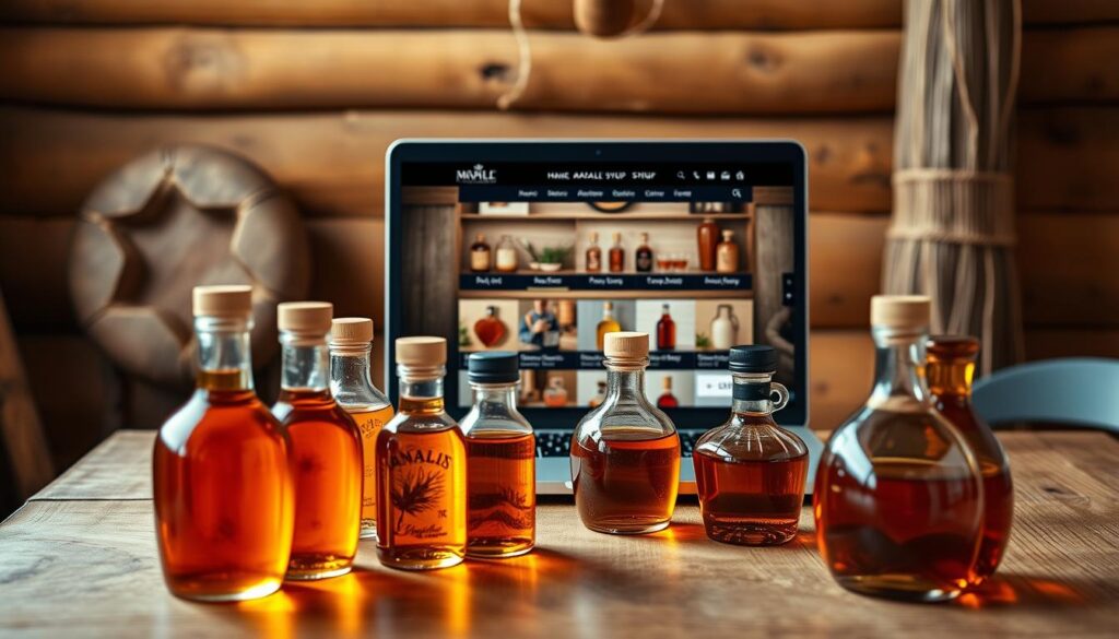 A beautifully crafted wooden table set against a warm, rustic backdrop. In the foreground, an array of maple syrup bottles in various shapes and sizes, their amber hues gleaming under soft, natural lighting. The middle ground features a laptop displaying an online storefront, showcasing a wide selection of high-quality maple syrups available for purchase. In the background, a cozy, inviting atmosphere with earthy tones and subtle textures, evoking the tranquility of a maple forest. The overall scene conveys the convenience and allure of buying authentic, premium maple syrup online, perfectly complementing the article's subject and section title.