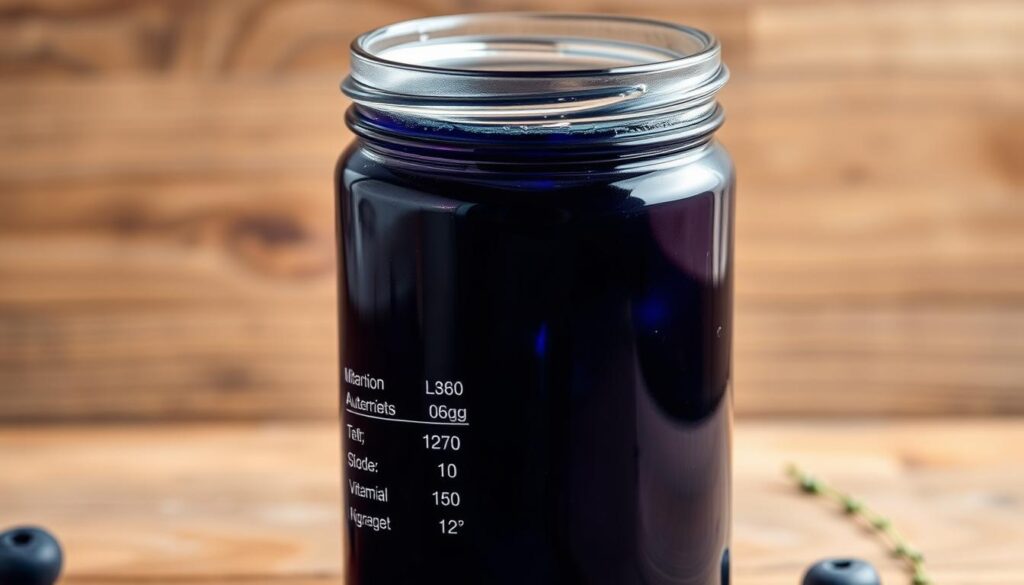 A beautifully illuminated close-up of a glass jar filled with rich, deep blue blueberry maple syrup. The syrup glistens under soft, diffused lighting, its viscous texture visible. In the background, a simple, rustic wooden surface provides a natural, textured backdrop. The image has a warm, inviting tone, highlighting the natural sweetness and nutritional benefits of this homemade delicacy. Detailed nutritional information, such as calorie count, vitamin and mineral content, is displayed in a clean, minimalist style, allowing the syrup to take center stage.