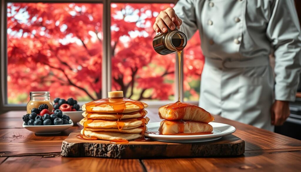 A beautifully lit kitchen scene with a rustic wooden table in the foreground. On the table, a stack of golden pancakes drizzled with glistening Japanese maple syrup, complemented by a bowl of fresh berries and a jar of the syrup. In the middle ground, a chef in a crisp white apron is carefully pouring the syrup over a dish of seared salmon. The background features a large window overlooking a lush Japanese maple tree, its vibrant red leaves casting a warm glow throughout the space. The overall atmosphere is one of cozy, sophisticated elegance, inviting the viewer to savor the unique flavor of Japanese maple syrup.