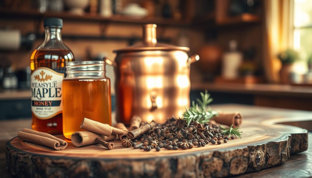 A beautifully lit tabletop scene featuring an assortment of maple syrup mead ingredients. In the foreground, a rustic wooden board displays a bottle of pure maple syrup, a jar of honey, and a bundle of fragrant cinnamon sticks. In the middle ground, a copper-colored mead fermentation vessel takes center stage, surrounded by a scattering of whole cloves, allspice berries, and a few sprigs of fresh rosemary. The background is softly blurred, allowing the viewer to focus on the captivating array of natural elements that come together to create this artisanal maple syrup mead. Warm, inviting lighting casts a golden glow over the scene, evoking the cozy, autumnal atmosphere of a farmhouse kitchen.