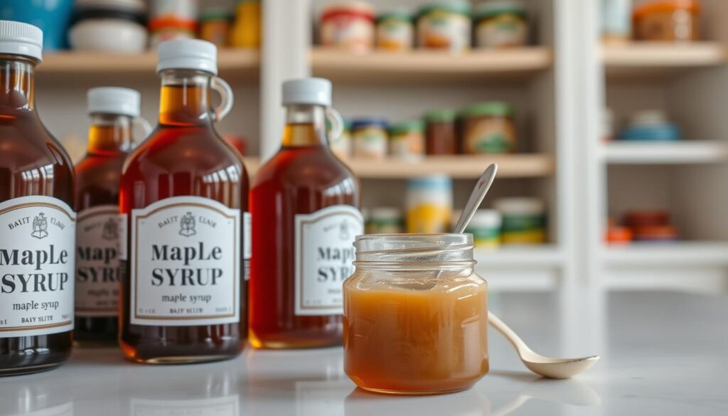 A bright, well-lit kitchen counter with jars of pure maple syrup in the foreground. The jars have clean, simple labels and are arranged neatly. In the middle ground, a small baby food jar with a spoon rests next to the maple syrup, indicating how the syrup could be used for baby food. The background shows organized shelves with other baby food items, subtly conveying the setting of preparing safe, healthy meals for an infant. The overall mood is one of care, organization, and attention to detail when it comes to storing and handling maple syrup for baby food.