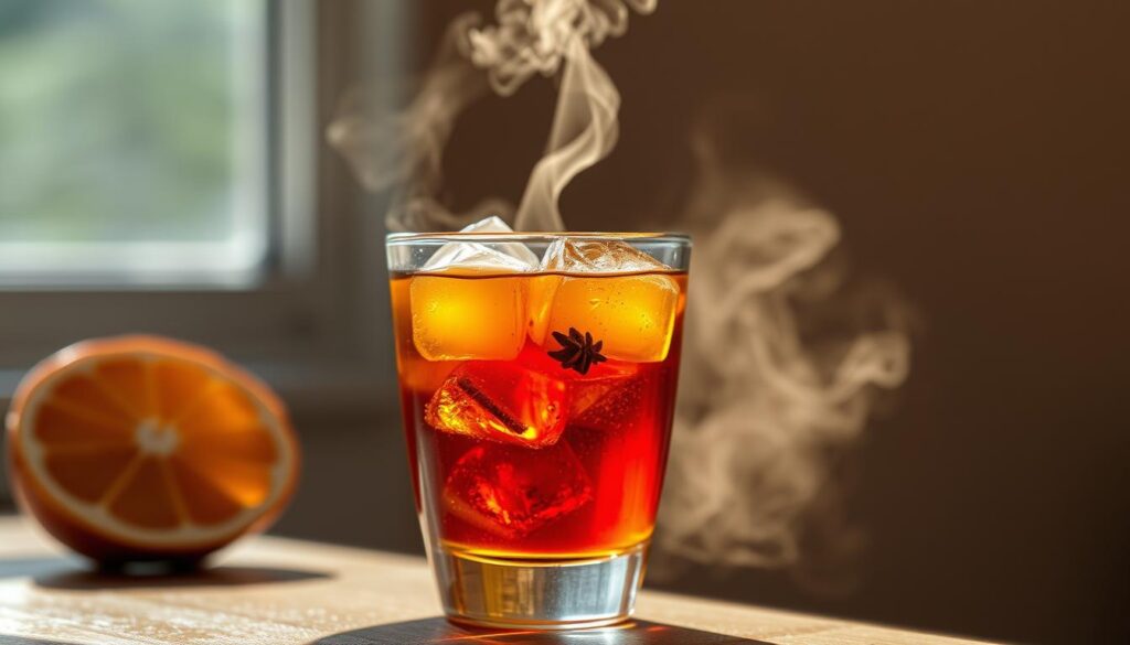 A chilled glass filled with a vibrant amber liquid, ice cubes gently melting and releasing their chill. The drink is a captivating blend of deep, rich maple syrup and aromatic black tea, with a hint of spice and citrus zest dancing on the surface. Delicate steam rises, creating a hazy, moody atmosphere, as sunlight filters through the glass, casting a warm glow. The composition is framed by a simple, minimalist setting, allowing the captivating beverage to take center stage, inviting the viewer to imagine the refreshing, comforting sip.