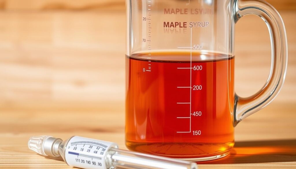 A clear glass beaker filled with amber-colored maple syrup, its surface glistening under bright, natural lighting. In the foreground, a hydrometer rests beside the beaker, its measurement scale prominently displayed. The background features a wooden surface, perhaps a rustic kitchen counter or a maple tree-lined forest backdrop, conveying the essence of maple syrup production. The image exudes a sense of precision, quality, and the natural beauty of this artisanal food product.
