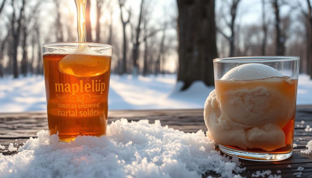 A close-up of freshly fallen maple snow, glistening in the soft, warm light of a snowy landscape. The maple syrup drips and clings to the delicate, crystalline flakes, evoking the rich, aromatic flavors of the forest. In the foreground, a glass of chilled maple soda sits atop a rustic wooden table, its amber hue and effervescent bubbles hinting at the authentic, natural sweetness within. The middle ground features a scoop of creamy, pale maple ice cream, its smooth texture and subtle caramelized notes inviting the viewer to indulge. In the background, a distant grove of towering maple trees stands tall, their bare branches reaching towards the sky, a testament to the origin of this quintessential, seasonal delight. A close-up of freshly fallen maple snow, glistening in the soft, warm light of a snowy landscape. The maple syrup drips and clings to the delicate, crystalline flakes, evoking the rich, aromatic flavors of the forest. In the foreground, a glass of chilled maple soda sits atop a rustic wooden table, its amber hue and effervescent bubbles hinting at the authentic, natural sweetness within. The middle ground features a scoop of creamy, pale maple ice cream, its smooth texture and subtle caramelized notes inviting the viewer to indulge. In the background, a distant grove of towering maple trees stands tall, their bare branches reaching towards the sky, a testament to the origin of this quintessential, seasonal delight.