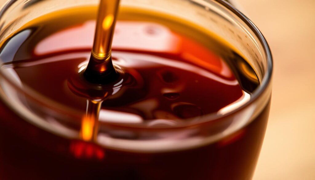 A close-up photograph of a glass container filled with rich, dark amber-colored maple syrup. The syrup glistens under warm, soft lighting, reflecting the intricate patterns and textures of the liquid. The background is blurred, allowing the viewer to focus solely on the captivating color and viscosity of the syrup. The image conveys a sense of artisanal craftsmanship, highlighting the natural complexity and depth of flavor inherent in high-quality maple syrup. The perspective is slightly elevated, creating a sense of intimacy and inviting the viewer to appreciate the sensory qualities of this iconic natural sweetener.