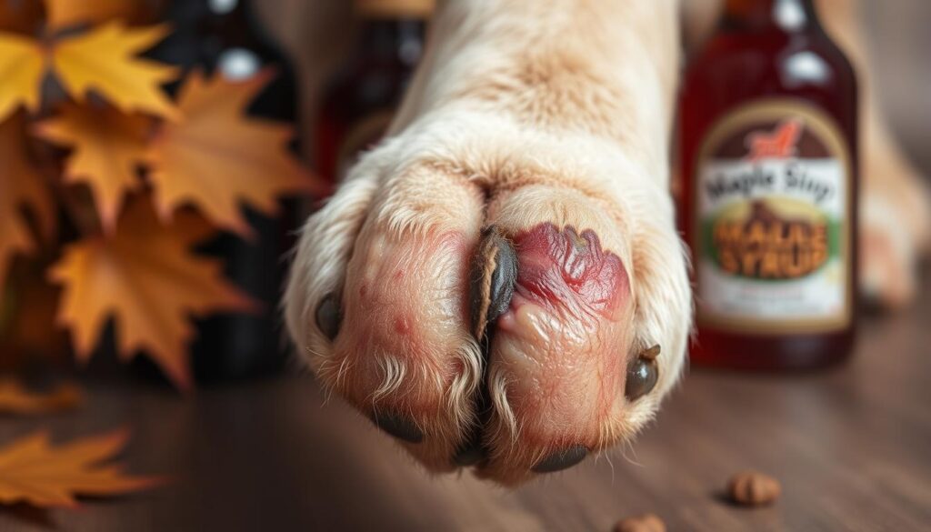 A close-up shot of a dog's paw with inflamed, discolored skin and swollen pads, set against a blurred background of maple leaves and syrup bottles. Soft, muted lighting casts subtle shadows, emphasizing the severity of the condition. The composition draws the viewer's attention to the affected paw, conveying a sense of concern and the potential risks of maple syrup toxicity in pets. The image captures the essence of the "Potential Risks of Feeding Dogs Maple Syrup" section, providing a vivid visual representation to complement the article's text.