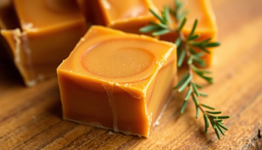 A close-up shot of a freshly cut square of maple syrup fudge, its rich, caramelized surface gleaming under warm, soft lighting. The fudge's dense, creamy texture is evident, with a subtle grain visible. Delicate swirls of golden-brown and amber hues dance across the surface, hinting at the complex flavors within. The fudge is presented on a rustic wooden surface, perhaps a cutting board or tray, with a small sprig of fresh greenery nearby, adding a touch of natural elegance. The overall atmosphere is cozy, inviting, and evocative of homemade, artisanal confections.