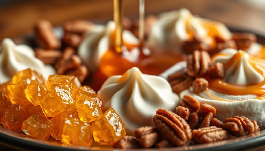 A close-up shot of a plate showcasing an assortment of delectable maple syrup dessert toppings. In the foreground, clusters of crystallized maple syrup sparkle like golden gems, their faceted surfaces catching the warm, soft lighting. Surrounding them are dollops of whipped cream, swirls of caramel sauce, and a scattering of chopped pecans, creating a harmonious blend of textures and flavors. The middle ground features a drizzle of pure maple syrup, its amber hue glistening invitingly. The background is blurred, allowing the focus to remain on the enticing maple syrup-based delights. The overall mood is one of rustic elegance and the irresistible allure of a decadent, homemade dessert. A close-up shot of a plate showcasing an assortment of delectable maple syrup dessert toppings. In the foreground, clusters of crystallized maple syrup sparkle like golden gems, their faceted surfaces catching the warm, soft lighting. Surrounding them are dollops of whipped cream, swirls of caramel sauce, and a scattering of chopped pecans, creating a harmonious blend of textures and flavors. The middle ground features a drizzle of pure maple syrup, its amber hue glistening invitingly. The background is blurred, allowing the focus to remain on the enticing maple syrup-based delights. The overall mood is one of rustic elegance and the irresistible allure of a decadent, homemade dessert.