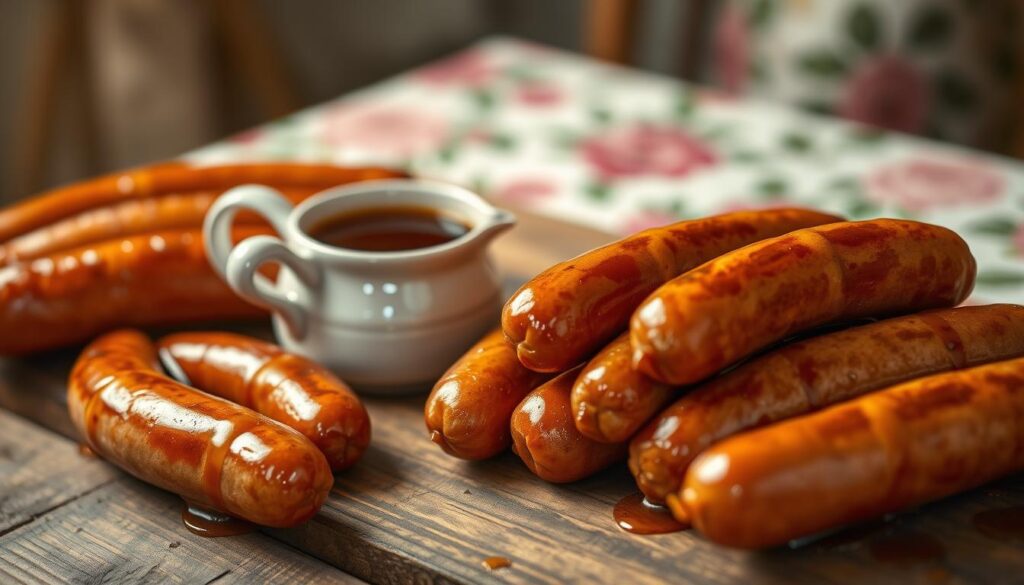 A close-up shot of a rustic wooden table, adorned with a vibrant array of maple-glazed sausages, accompanied by a small pitcher overflowing with amber-hued maple syrup. The sausages are beautifully caramelized, their golden-brown exteriors glistening under the warm, soft lighting that casts a cozy glow over the scene. In the background, a blurred vintage floral tablecloth adds a touch of elegance, while the overall composition evokes a sense of comforting indulgence, perfect for a special morning celebration.