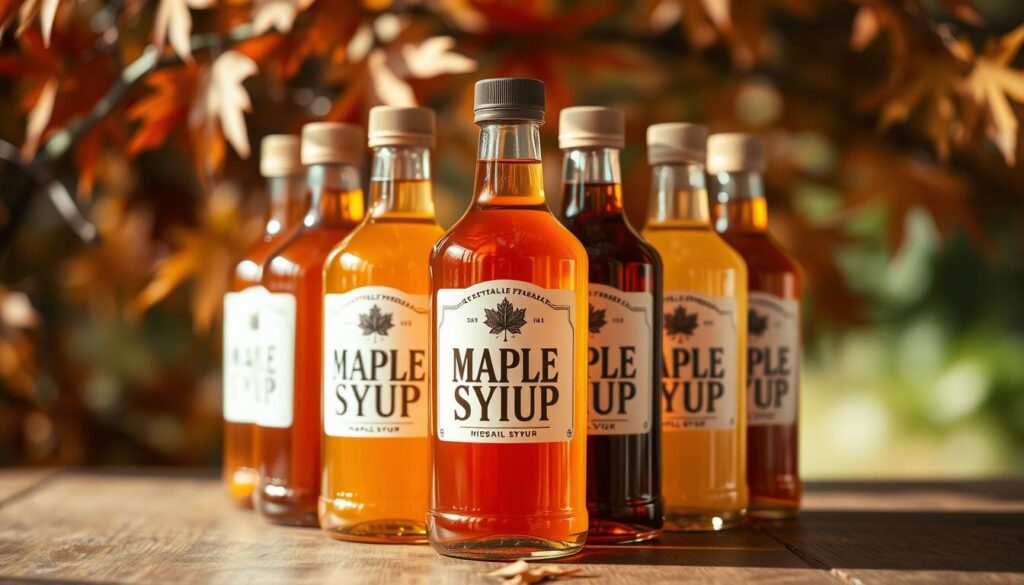 A close-up view of a collection of maple syrup bottles in various shades of amber, golden, and brown, placed on a wooden table against a backdrop of blurred maple leaves and branches. The lighting is soft and natural, emphasizing the warm tones and translucency of the syrups. The bottles are arranged in a visually appealing, symmetrical manner, highlighting the color spectrum and its relationship to the distinct flavors of each variety of maple syrup. The overall composition conveys a sense of artisanal, rustic elegance, inviting the viewer to explore the nuances of maple syrup's taste and appearance.