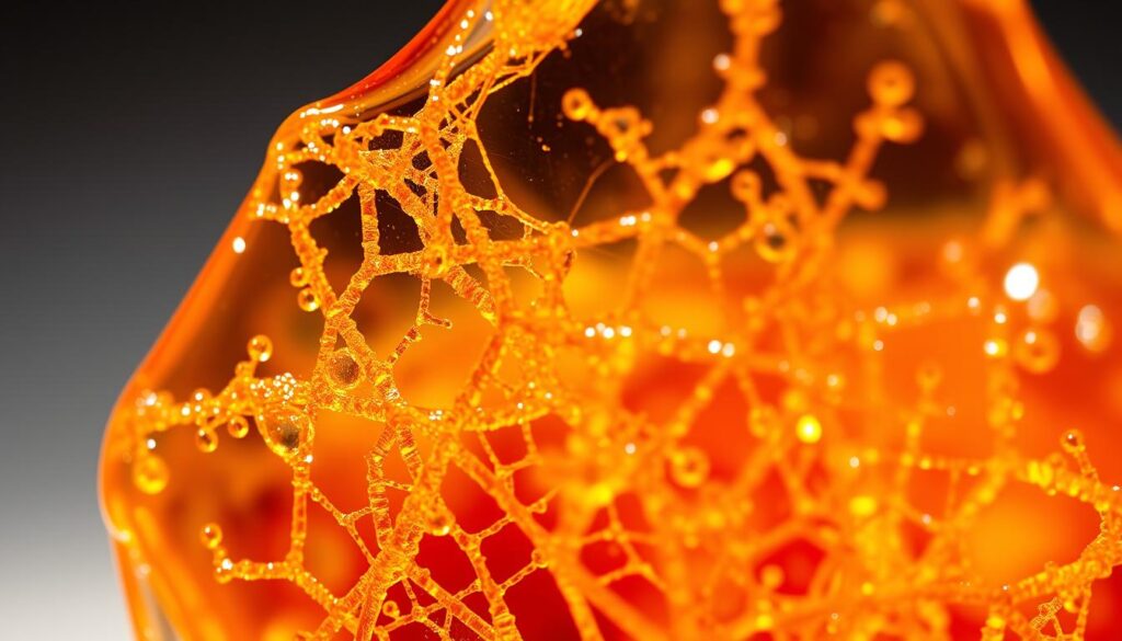 A close-up view of the intricate crystalline structure of pure maple syrup, captured under bright, natural lighting. The syrup glistens with a rich, amber hue, revealing a complex network of delicate, interconnected sugar crystals that resemble a mesmerizing, organic lattice. The image is tightly framed, focusing intently on the intricate details and textures of the syrup, creating a sense of depth and dimension. The background is softly blurred, allowing the viewer to concentrate solely on the captivating visual intricacies of the pure maple syrup.
