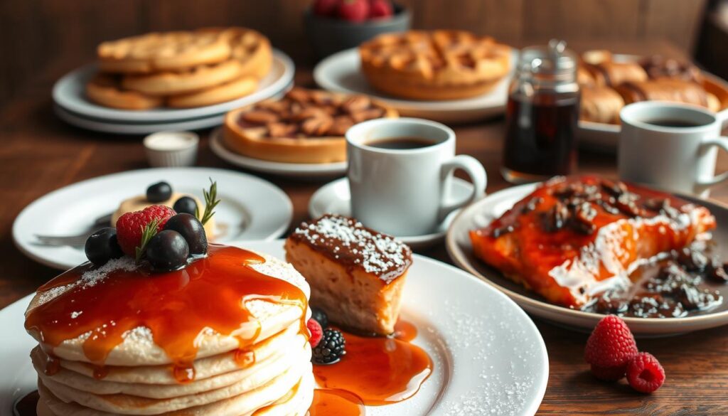 A collection of delectable desserts and savory dishes made with the rich, earthy sweetness of pure red maple syrup. In the foreground, a stack of fluffy pancakes drizzled with glistening syrup, complemented by fresh berries and a dusting of powdered sugar. Alongside, a plate of buttery maple-glazed baked salmon, garnished with sprigs of rosemary. In the middle ground, a maple-sweetened pecan pie and a steaming mug of maple-infused coffee. In the background, a rustic wooden table set with an array of maple-infused treats, including waffles, scones, and maple-walnut oatmeal. Warm, natural lighting casts a cozy glow, capturing the inviting and indulgent atmosphere of these maple-centric recipes.