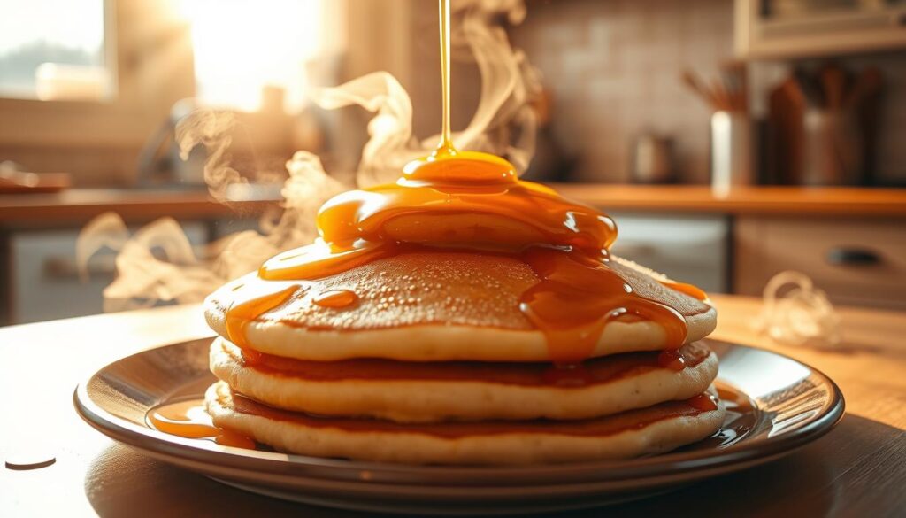 A cozy kitchen bathed in warm, golden light as the tantalizing aroma of freshly poured maple syrup fills the air. In the foreground, a stack of fluffy pancakes drizzled with the rich, amber liquid, its glistening surface reflecting the soft illumination. Sunlight streams through the windows, casting a gentle glow upon the scene, while wisps of steam rise from the steaming pancakes, adding to the inviting atmosphere. The background features subtle details of the kitchen - polished wooden countertops, a tile backsplash, and hints of other culinary accoutrements, all contributing to the homely, comforting ambiance.