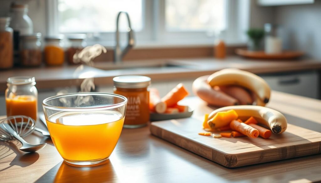 A cozy kitchen counter, bathed in soft, warm lighting from a nearby window. In the foreground, a glass bowl filled with golden maple syrup, surrounded by an array of baby food jars, spoons, and a small whisk. Delicate steam rises from the syrup, hinting at the aromatic blend to come. In the middle ground, a small wooden cutting board holds fresh, organic produce - carrots, sweet potatoes, and ripe bananas - ready to be mashed and combined with the maple syrup. The background showcases a clean, minimalist kitchen, its surfaces reflecting the gentle glow of the scene. An atmosphere of care, nurture, and culinary exploration pervades the image, inviting the viewer to imagine the nourishing, homemade baby food soon to be prepared.