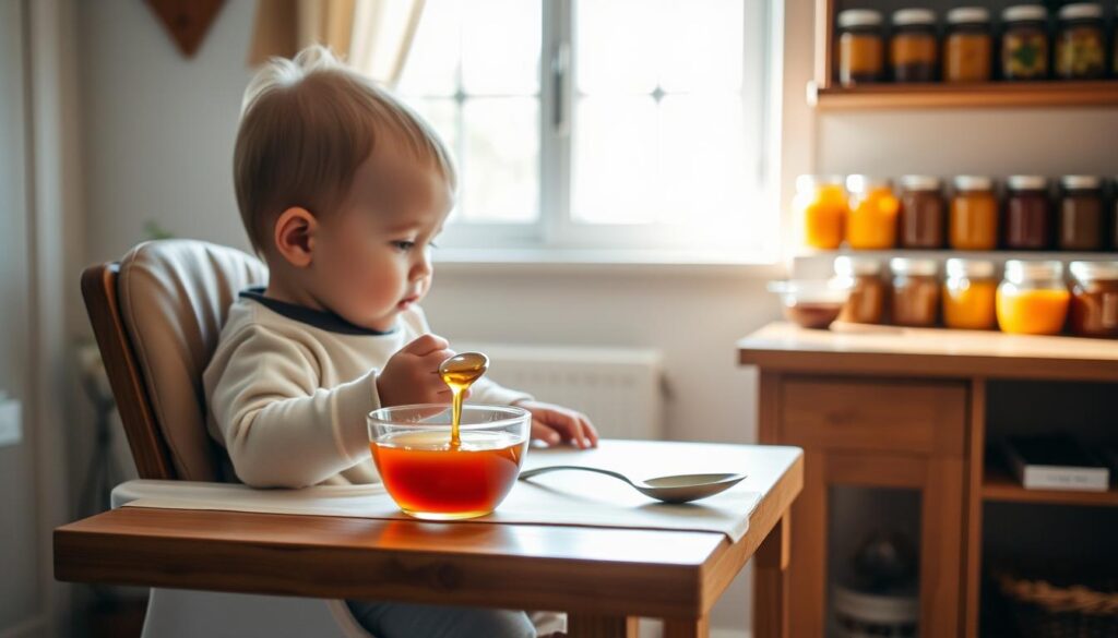 A cozy kitchen scene, soft natural light streams through a window, illuminating a small wooden table. On the table, a baby sits in a high chair, intrigued by a small bowl of vibrant amber liquid - maple syrup. A spoon hovers nearby, ready to gently introduce the sweet nectar. In the background, jars of homemade baby food line the shelves, a testament to the care and attention given to nourishing the little one. The atmosphere is warm, nurturing, and filled with the promise of a delightful culinary discovery.