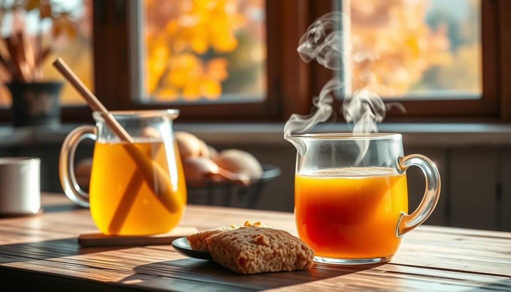 A cozy kitchen scene with a steaming mug of maple syrup tea on a rustic wooden table. In the foreground, a glass pitcher filled with golden syrup and a wooden spoon, casting warm, soft lighting. In the middle ground, freshly baked scones or biscuits, their crumbly texture inviting. The background features a soothing color palette of earthy tones, with a window overlooking a picturesque autumn landscape of vibrant maple trees. The overall atmosphere is one of comfort, simplicity, and the welcoming aroma of maple.