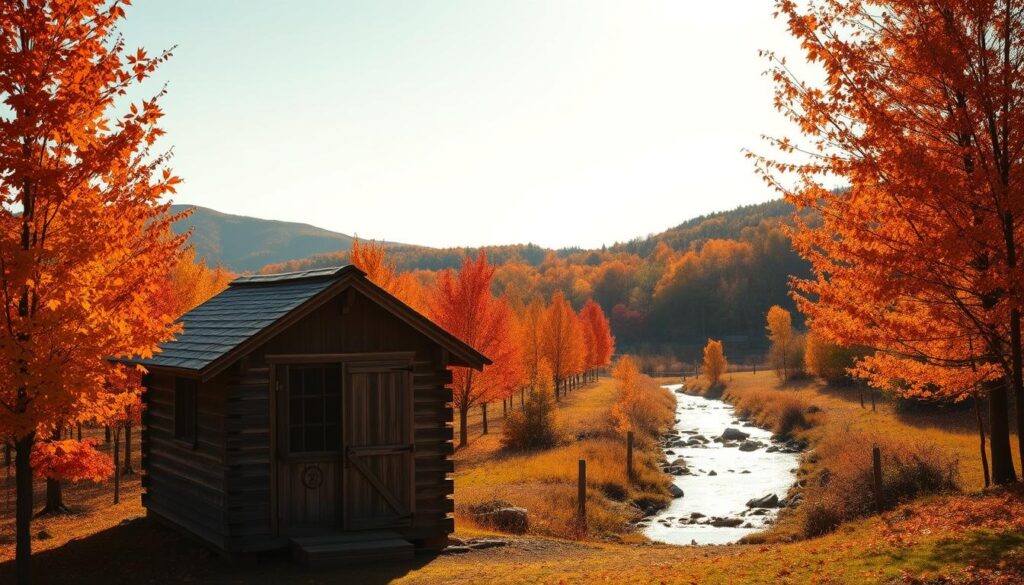 A cozy maple farm nestled in a picturesque New England landscape, where rows of red maple trees sway gently in the crisp autumn breeze. In the foreground, a weathered wooden shed stands as the centerpiece, its rustic charm inviting visitors to explore the source of the premium red maple syrup. The mid-ground reveals a tranquil stream, its waters reflecting the vibrant foliage surrounding it. In the background, rolling hills dotted with pops of vibrant reds, oranges, and yellows create a warm, inviting atmosphere. Soft, diffused natural lighting illuminates the scene, casting a golden glow and enhancing the rich, amber hues of the maple syrup. The overall composition evokes a sense of serene harmony, capturing the essence of this cherished New England tradition.