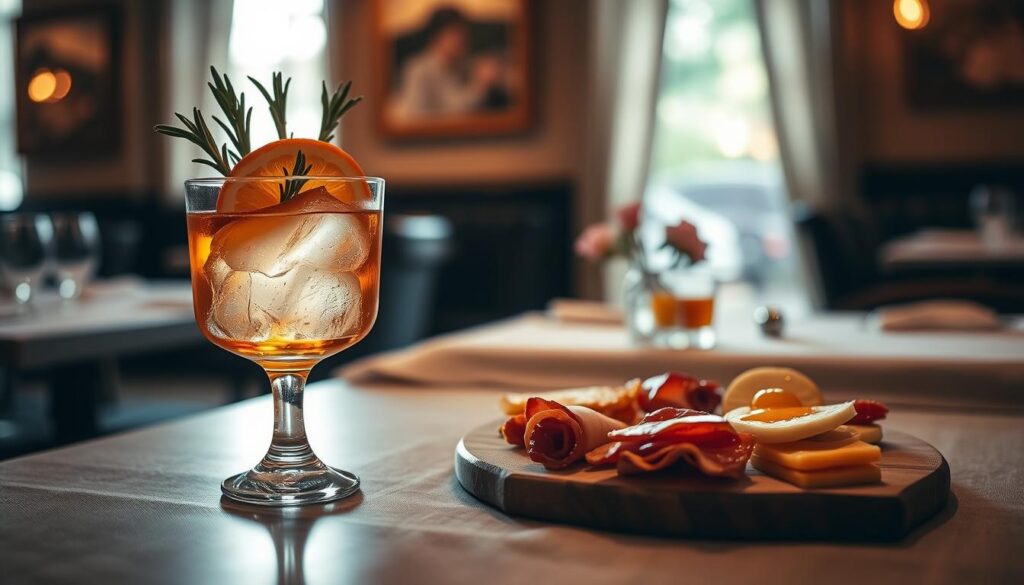 A cozy restaurant setting with a dimly lit table in the foreground, showcasing a maple old fashioned cocktail accompanied by a complementary small plate of food. The cocktail features a large ice cube, a slice of orange, and a sprig of rosemary. The food pairing could be something like a charcuterie board with cured meats, cheeses, and a drizzle of honey. Soft, warm lighting creates a inviting ambiance, while the table is adorned with a simple linen tablecloth and a small vase of fresh flowers. The overall mood is one of sophisticated relaxation, perfectly capturing the essence of pairing a maple old fashioned with a delightful food selection. A cozy restaurant setting with a dimly lit table in the foreground, showcasing a maple old fashioned cocktail accompanied by a complementary small plate of food. The cocktail features a large ice cube, a slice of orange, and a sprig of rosemary. The food pairing could be something like a charcuterie board with cured meats, cheeses, and a drizzle of honey. Soft, warm lighting creates a inviting ambiance, while the table is adorned with a simple linen tablecloth and a small vase of fresh flowers. The overall mood is one of sophisticated relaxation, perfectly capturing the essence of pairing a maple old fashioned with a delightful food selection.