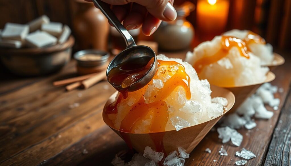 A cozy, rustic scene of freshly prepared maple snow cones being served on a wooden table. In the foreground, a close-up view showcases the translucent, syrupy-sweet maple topping drizzled over finely shaved ice, creating a visually appealing and tempting treat. The middle ground features a hand holding a metal scoop, delicately scooping the maple-infused ice into a paper cone. In the background, a warm, golden lighting casts a inviting glow, highlighting the natural textures of the wooden surface and surrounding objects. The overall mood is one of comfort, nostalgia, and the simple pleasures of homemade, artisanal delights. A cozy, rustic scene of freshly prepared maple snow cones being served on a wooden table. In the foreground, a close-up view showcases the translucent, syrupy-sweet maple topping drizzled over finely shaved ice, creating a visually appealing and tempting treat. The middle ground features a hand holding a metal scoop, delicately scooping the maple-infused ice into a paper cone. In the background, a warm, golden lighting casts a inviting glow, highlighting the natural textures of the wooden surface and surrounding objects. The overall mood is one of comfort, nostalgia, and the simple pleasures of homemade, artisanal delights.