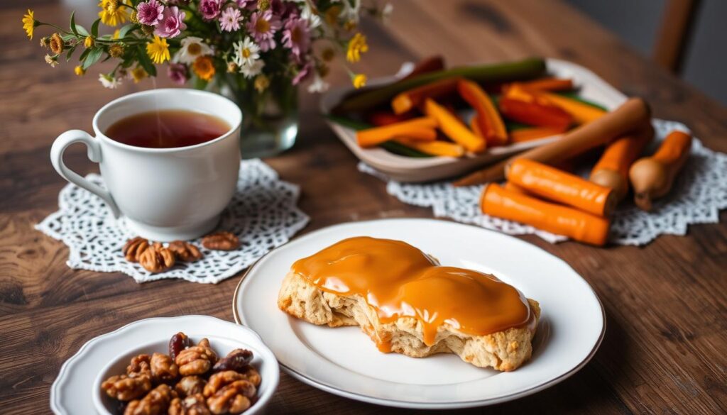 A cozy tea table set with a steaming mug of maple-infused tea, accompanied by an assortment of delectable food pairings. In the foreground, a plate showcases buttery maple-glazed scones, their golden-brown tops glistening. Beside it, a small bowl overflows with candied walnuts, their salty-sweet crunch a perfect contrast. In the middle ground, a platter of maple-roasted root vegetables, their vibrant colors and caramelized edges inviting the senses. The background features a rustic wooden table, its surface adorned with a lace doily and a vase of fragrant wildflowers, casting a warm, natural glow over the scene. The lighting is soft and diffused, creating a serene, intimate atmosphere perfect for savoring the harmonious pairing of maple-infused tea and its complementary delights.