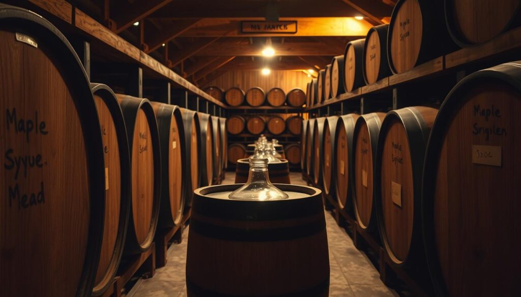 A cozy, well-lit wooden cellar with rows of neatly organized oak barrels and glass jugs filled with amber-hued mead. The barrels are adorned with handwritten labels, indicating their contents and aging process. Soft, diffused lighting illuminates the scene, casting warm shadows that highlight the intricate grain patterns of the wood. The atmosphere is one of quiet serenity, inviting the viewer to imagine the delicious maple syrup mead maturing within. In the foreground, a single barrel is set slightly apart, its lid open, revealing the glistening liquid inside. The overall impression is one of craftsmanship, patience, and the care taken in preserving this artisanal beverage.