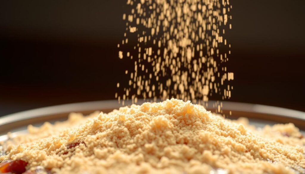 A crisp close-up of glistening maple sugar powder gently dusted over a savory dish, perhaps a roasted vegetable medley or a hearty soup. The powder appears delicate yet dynamic, reflecting warm, natural lighting that casts a soft, golden glow. The background is slightly blurred, allowing the maple sugar to take center stage, its granular texture and caramelized hues showcased in exquisite detail. The overall scene conveys a sense of rustic elegance, inviting the viewer to imagine the sweet-savory interplay of flavors that this unique ingredient could lend to a variety of savory culinary creations. A crisp close-up of glistening maple sugar powder gently dusted over a savory dish, perhaps a roasted vegetable medley or a hearty soup. The powder appears delicate yet dynamic, reflecting warm, natural lighting that casts a soft, golden glow. The background is slightly blurred, allowing the maple sugar to take center stage, its granular texture and caramelized hues showcased in exquisite detail. The overall scene conveys a sense of rustic elegance, inviting the viewer to imagine the sweet-savory interplay of flavors that this unique ingredient could lend to a variety of savory culinary creations.