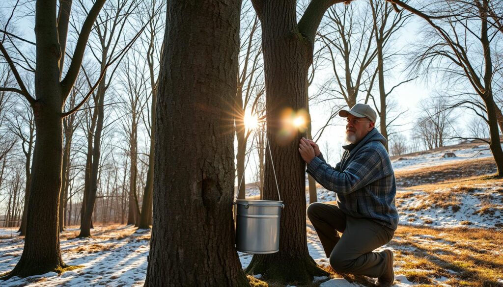A crisp, early spring morning in a maple forest. A weathered farmer kneels beside a towering maple tree, gently tapping a hollow metal spile into the bark. Sunlight filters through the bare branches, casting a warm, golden glow. In the foreground, a bucket hangs from the spile, ready to collect the precious sap. The middle ground showcases a row of maples, their trunks scarred by years of tapping. In the background, a low, rolling hill is blanketed in a patchwork of snow and emerging foliage. The scene conveys the peaceful, cyclical nature of the maple sugaring process, a time-honored tradition of the Northeast. A crisp, early spring morning in a maple forest. A weathered farmer kneels beside a towering maple tree, gently tapping a hollow metal spile into the bark. Sunlight filters through the bare branches, casting a warm, golden glow. In the foreground, a bucket hangs from the spile, ready to collect the precious sap. The middle ground showcases a row of maples, their trunks scarred by years of tapping. In the background, a low, rolling hill is blanketed in a patchwork of snow and emerging foliage. The scene conveys the peaceful, cyclical nature of the maple sugaring process, a time-honored tradition of the Northeast.