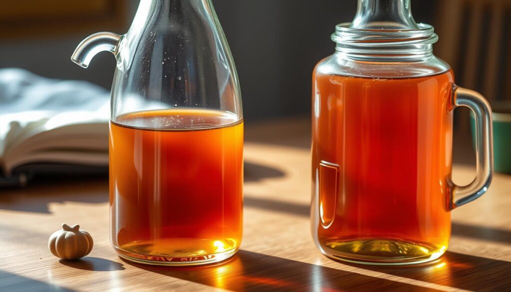 A crystal clear glass bottle filled with golden-amber date syrup sits alongside a rustic glass jar brimming with rich, maple-hued maple syrup. The bottles are arranged on a warm, wooden surface, bathed in soft, natural light that highlights their distinct viscosities and hues. The scene exudes a cozy, artisanal ambiance, inviting the viewer to compare the unique flavors and origins of these two artisanal sweeteners. Subtle shadows and reflections add depth and dimension, while the overall composition is balanced and visually appealing, perfectly capturing the essence of the "date syrup vs maple syrup" comparison.