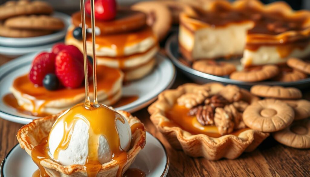 A delectable assortment of maple syrup-infused desserts, perfectly suited for any occasion. In the foreground, a flaky maple pastry tart drizzled with rich, golden syrup, accompanied by a scoop of creamy maple ice cream. In the middle, a stack of fluffy maple pancakes adorned with fresh berries and a generous pour of syrup. In the background, a luscious maple cheesecake with a caramelized top, nestled among an array of maple-glazed cookies and candied nuts. The scene is bathed in a warm, soft lighting, creating a cozy and inviting atmosphere, perfect for celebrating life's special moments with these indulgent, homemade maple treats.