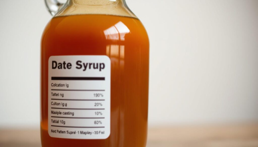 A detailed glass jar filled with golden date syrup, its viscous texture glistening under warm, soft lighting. In the foreground, a nutritional facts label clearly displays the sugar content, allowing for a direct comparison to maple syrup. The background fades to a neutral, minimalist setting, drawing the viewer's focus to the jar and its informative label. Captured with a clean, documentary-style photography approach, the image conveys a sense of clarity and objectivity, suitable for illustrating the "Date Syrup vs Maple Syrup Nutrition" section of the article.