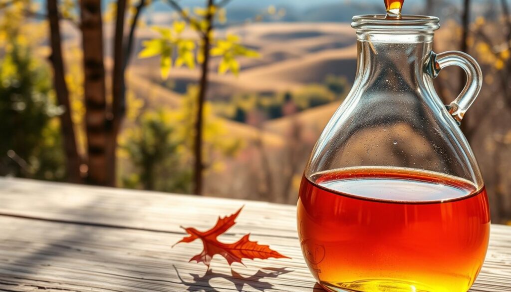 A detailed, meticulously lit scene depicting the key factors influencing the color of maple syrup. In the foreground, a glass container showcases the amber-toned syrup, its hue varying subtly from golden to deep brown. In the middle ground, maple tree trunks and leaves provide context, while the background features a bucolic landscape of rolling hills, dappled with the warm sunlight of an early spring day. The lighting is soft and natural, highlighting the translucent, shimmering quality of the syrup. The camera angle is slightly elevated, giving a sense of depth and emphasizing the interplay of color, texture, and environment that contributes to the unique character of this artisanal product.