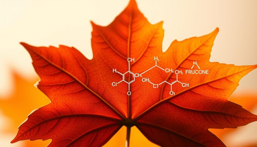 A detailed molecular diagram depicting the chemical composition of maple syrup. In the foreground, a large, vibrant maple leaf occupies the center, with its veins and structure clearly visible. Emerging from the leaf are molecular structures representing the primary chemical compounds found in maple syrup, such as sucrose, glucose, and fructose, arranged in a visually appealing and informative layout. The background features a soft, warm-toned gradient, evoking the rich, amber hue of the maple syrup. The overall composition is illuminated by a subtle, natural-looking lighting, highlighting the intricate details and creating a sense of depth and dimensionality.