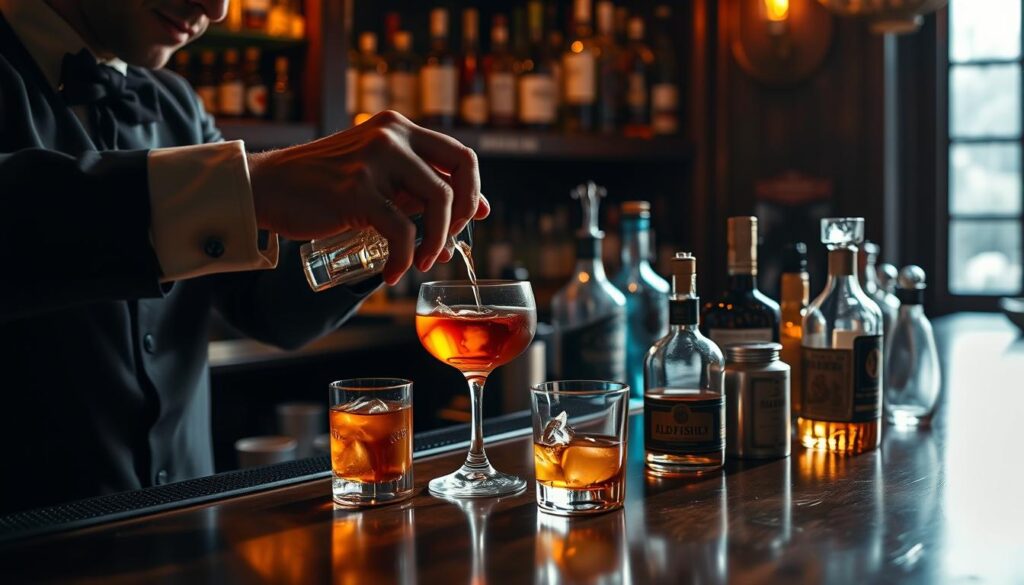A dimly lit bar counter, the surface adorned with various cocktail ingredients and tools. In the foreground, a bartender's hands carefully measuring, stirring, and garnishing a classic old fashioned cocktail. Soft, warm lighting casts shadows, highlighting the intricate process. In the middle ground, a collection of high-quality spirits, bitters, and other mixers are neatly arranged, conveying the expertise and care required to craft the perfect drink. The background features a vintage-inspired bar setting, with wooden shelves displaying an array of premium liquors. An air of sophistication and attention to detail permeates the scene, inviting the viewer to imagine the flavorful, balanced cocktail being created. A dimly lit bar counter, the surface adorned with various cocktail ingredients and tools. In the foreground, a bartender's hands carefully measuring, stirring, and garnishing a classic old fashioned cocktail. Soft, warm lighting casts shadows, highlighting the intricate process. In the middle ground, a collection of high-quality spirits, bitters, and other mixers are neatly arranged, conveying the expertise and care required to craft the perfect drink. The background features a vintage-inspired bar setting, with wooden shelves displaying an array of premium liquors. An air of sophistication and attention to detail permeates the scene, inviting the viewer to imagine the flavorful, balanced cocktail being created.