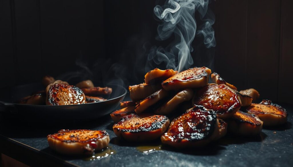 A dimly lit kitchen counter, piled high with overcooked pork chops, juices pooling around charred edges. Wisps of smoke curl from a neglected pan, while a lone chop lies forgotten on the floor, a testament to culinary mishaps. The air is thick with the acrid scent of burnt seasoning, painting a vivid picture of the common pitfalls that home cooks must navigate when preparing maple syrup pork chops. Harsh shadows cast by unforgiving overhead lighting create a sense of unease, underscoring the importance of mastering temperature control and timing when searing these delicate cuts of meat. This scene serves as a cautionary tale, a visual reminder of the challenges that can arise, even for the most experienced chef.