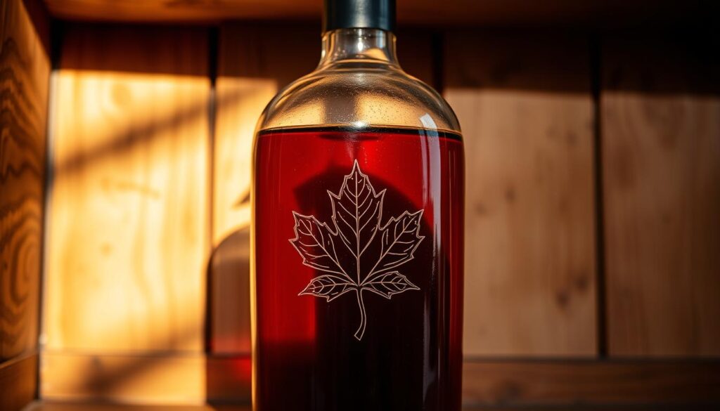 A glass bottle filled with a rich, crimson-hued liquid, the surface glistening under soft, warm lighting. The bottle's label features an intricate maple leaf design, hinting at the delicate, subtly sweet flavor within. In the background, a wooden shelf or table, weathered and rustic, creates a cozy, inviting atmosphere. Delicate shadows cast by the bottle and its contents add depth and dimension, drawing the viewer's gaze inward. The overall scene evokes a sense of autumn, tradition, and the alluring essence of red maple syrup distilled into a captivating liquor.