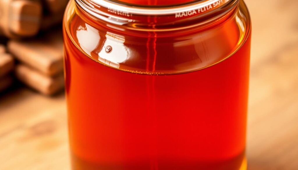 A glass jar filled with viscous, amber-colored maple syrup, showcasing its rich, sweet essence. The syrup's surface glistens under warm, soft lighting, casting subtle reflections. In the background, a wooden table or surface provides a natural, rustic context, hinting at the syrup's artisanal provenance. The composition emphasizes the syrup's translucent, honey-like quality, inviting the viewer to imagine its delectable flavor and aroma. The overall scene evokes a sense of artisanal craftsmanship and the essence of the maple tree's unique sugar content.