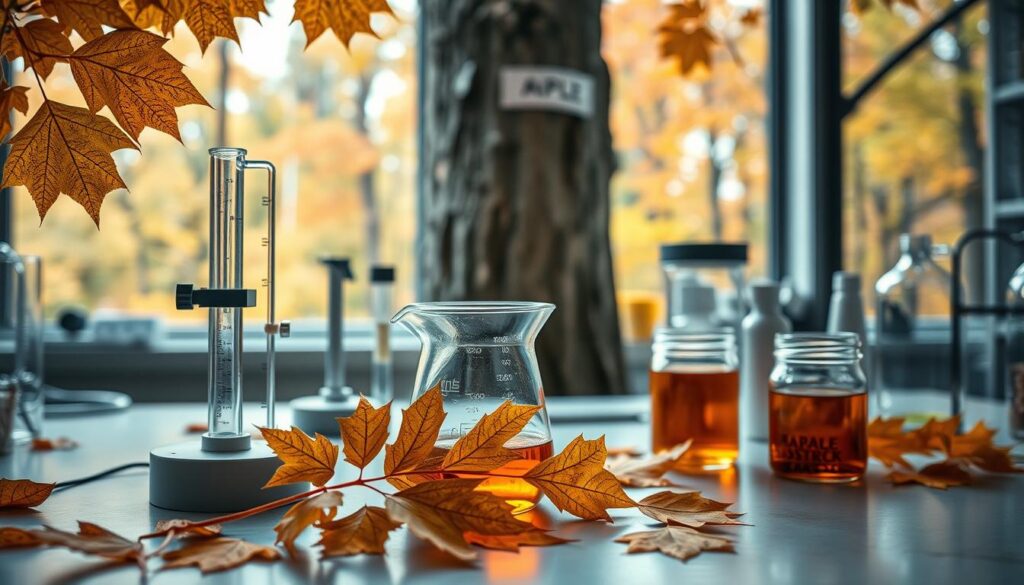 A laboratory table with various scientific equipment and maple leaves. The foreground features a Brix refractometer, a glass beaker filled with maple syrup, and a maple branch with leaves. The middle ground shows a maple tree trunk and a jar of maple syrup. The background depicts a window overlooking a maple forest in autumn, with soft, natural lighting illuminating the scene. The overall mood is one of scientific exploration and the natural origins of maple syrup.