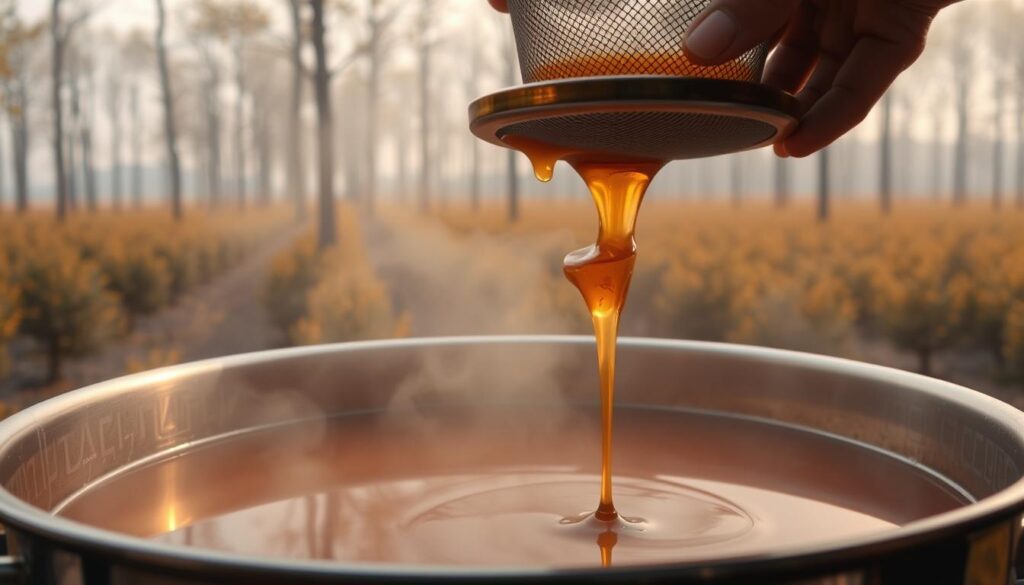 A large stainless steel pot filled with amber-colored maple syrup, steam rising gently. In the foreground, a fine mesh filter is carefully held over the pot, syrup slowly dripping through, leaving behind any impurities. Warm, diffused lighting illuminates the scene, casting a soft, golden glow. In the background, rows of maple trees stand tall, their branches reaching up to a hazy, overcast sky. The overall atmosphere is one of quiet, methodical processing, a crucial step in creating pure, high-quality homemade maple syrup. A large stainless steel pot filled with amber-colored maple syrup, steam rising gently. In the foreground, a fine mesh filter is carefully held over the pot, syrup slowly dripping through, leaving behind any impurities. Warm, diffused lighting illuminates the scene, casting a soft, golden glow. In the background, rows of maple trees stand tall, their branches reaching up to a hazy, overcast sky. The overall atmosphere is one of quiet, methodical processing, a crucial step in creating pure, high-quality homemade maple syrup.