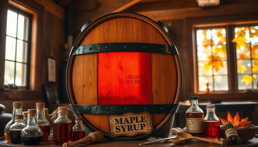A large wooden barrel stands prominently in the center, its rich, amber-hued maple syrup visible through the transparent glass panel. Sunlight streams in through a nearby window, casting a warm, golden glow over the scene. Surrounding the barrel are various maple-themed accoutrements - small glass bottles, wooden spoons, and a weathered, antique-style label. The background is a cozy, rustic interior, with exposed wooden beams and a subtle hint of maple leaves in the distance, creating a sense of place and connection to the natural world. The overall atmosphere is one of tradition, quality, and the pride of Canadian maple syrup production.