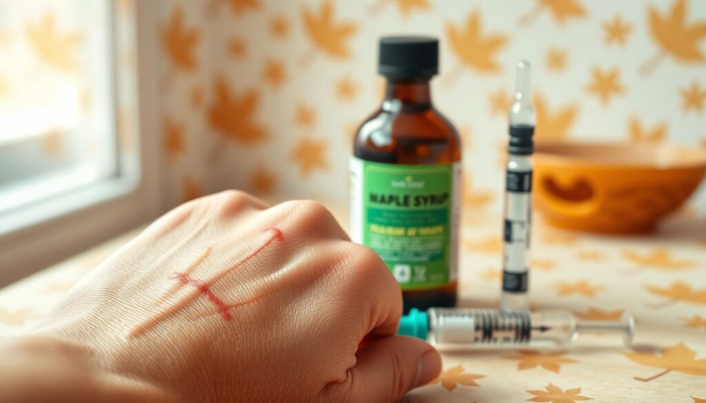A maple leaf-shaped allergic reaction on a person's hand, with a detailed close-up view showcasing the irritated skin and swollen appearance. In the middle ground, a bottle of antihistamine medication and a syringe for emergency epinephrine injection, symbolizing the necessary medical treatment. The background is blurred, suggesting a clean, clinical environment, with subtle maple syrup motifs in the form of a repeating pattern or texture to reinforce the theme. Warm, natural lighting casts a soft glow, conveying a sense of care and reassurance. The overall composition emphasizes the importance of understanding and properly managing a maple syrup allergy. A maple leaf-shaped allergic reaction on a person's hand, with a detailed close-up view showcasing the irritated skin and swollen appearance. In the middle ground, a bottle of antihistamine medication and a syringe for emergency epinephrine injection, symbolizing the necessary medical treatment. The background is blurred, suggesting a clean, clinical environment, with subtle maple syrup motifs in the form of a repeating pattern or texture to reinforce the theme. Warm, natural lighting casts a soft glow, conveying a sense of care and reassurance. The overall composition emphasizes the importance of understanding and properly managing a maple syrup allergy.