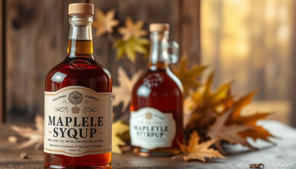 A meticulously crafted maple syrup label fills the foreground, showcasing a rich, amber-hued liquid against a rustic wooden backdrop. The label features clean, elegant typography highlighting the brand name and product details, complying with intricate labeling regulations. In the middle ground, an array of maple leaves and a classic maple syrup bottle provide a natural, organic setting. The scene is bathed in warm, golden lighting, evoking a cozy, artisanal ambiance. The background subtly blends into a softly defocused forest, hinting at the maple syrup's origins and the importance of adhering to labeling guidelines for this artisanal product.