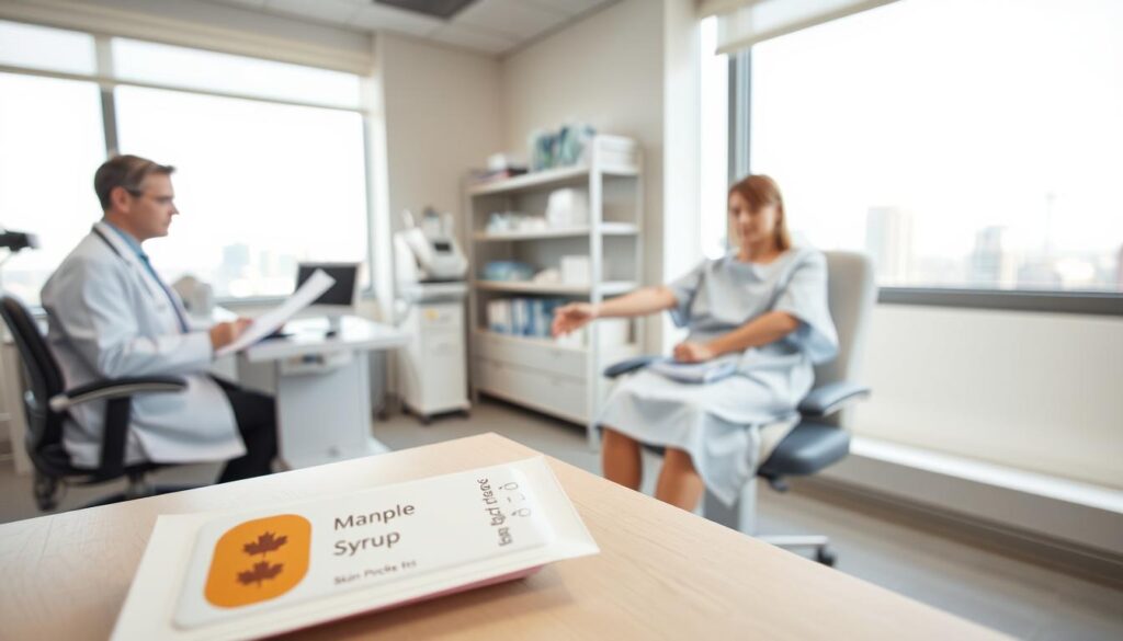 A modern medical examination room with clean, bright lighting and a neutral-toned interior. In the foreground, a doctor in a white coat sits at a desk, reviewing test results and medical documents. On the desk, a close-up view of a skin prick test kit, with a sample of maple syrup and various testing implements. In the middle ground, a patient in a hospital gown sits on an examination table, their arm extended for the allergy test. The patient's expression conveys a mix of concern and anticipation. The background features medical equipment, shelves of supplies, and a window offering a glimpse of a city skyline outside, creating a sense of a professional, clinical setting. A modern medical examination room with clean, bright lighting and a neutral-toned interior. In the foreground, a doctor in a white coat sits at a desk, reviewing test results and medical documents. On the desk, a close-up view of a skin prick test kit, with a sample of maple syrup and various testing implements. In the middle ground, a patient in a hospital gown sits on an examination table, their arm extended for the allergy test. The patient's expression conveys a mix of concern and anticipation. The background features medical equipment, shelves of supplies, and a window offering a glimpse of a city skyline outside, creating a sense of a professional, clinical setting.
