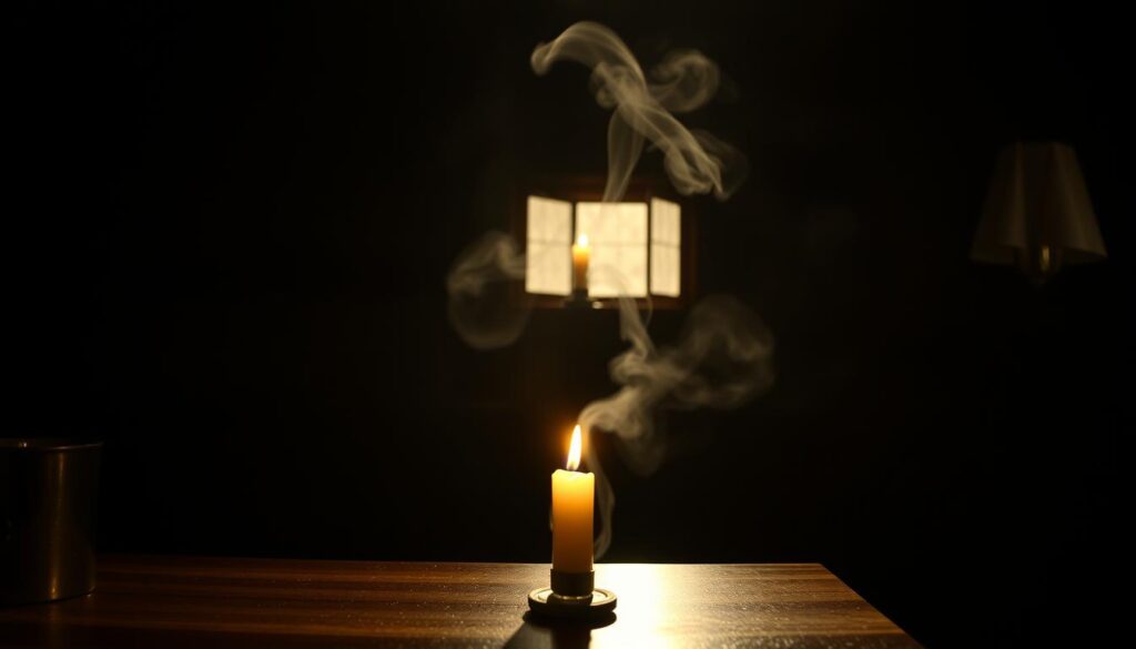 A mysterious maple syrup scent fills the air, its source unclear. In the dimly lit kitchen, shadows cast by the soft glow of a single candle flicker across the countertops. Wisps of steam curl upwards, hinting at an unseen origin. The scene is tinged with a sense of unease, as if the aroma holds some unknown significance. A wide-angle lens captures the scene, drawing the viewer into the investigation of this unexplained syrup odor.
