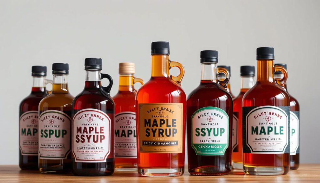 A neatly arranged display of several bottles of premium spicy maple syrup, illuminated by warm, natural lighting, set against a clean, minimalist background. The bottles feature distinct labels showcasing their unique flavors, such as chipotle, cinnamon, or ghost pepper, with a touch of rustic charm. The overall composition emphasizes the artisanal quality and diverse offerings of these exceptional spicy maple syrup brands, inviting the viewer to explore and elevate their culinary experiences.