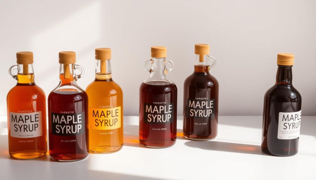 A neatly arranged still life featuring different varieties of maple syrup in glass bottles, each displaying a distinct color tone from light amber to deep mahogany. The bottles are positioned against a plain, neutral background that allows the rich hues of the syrups to take center stage. Soft, natural lighting gently illuminates the scene, casting subtle shadows and highlighting the viscous, glossy texture of the maple nectar. The overall composition conveys a sense of simplicity and elegance, emphasizing the visual diversity within the maple syrup color spectrum.