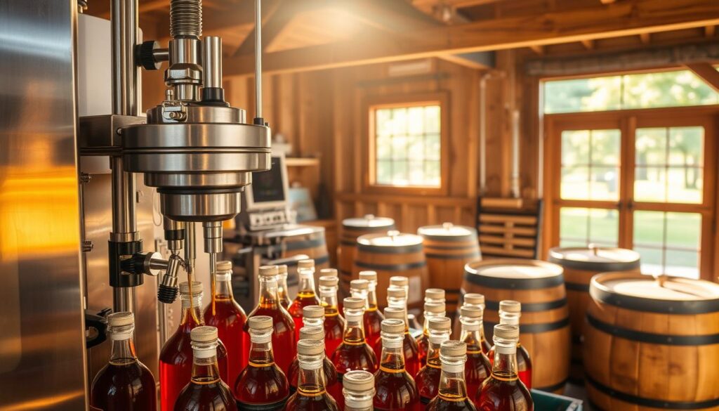 A neatly organized maple syrup bottling station, bathed in warm, golden light. In the foreground, gleaming stainless steel equipment - a bottling machine precisely filling glass bottles with rich, amber syrup. Nearby, a capping device securing airtight lids. In the middle ground, wooden barrels and crates, hinting at the syrup's journey from tree to table. The background showcases a rustic, timber-framed interior, complete with exposed beams and a large window overlooking a verdant maple grove. An atmosphere of artisanal craftsmanship and time-honored tradition pervades the scene.