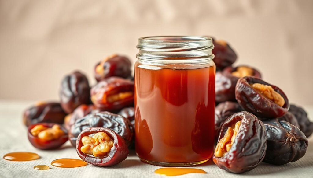 A nutritious still life showcasing the vibrant hues and intricate details of date syrup. In the foreground, a clear glass jar filled with the rich, amber-colored nectar, its viscous texture and glistening surface captured in high resolution. Surrounding the jar, an artful arrangement of dates, their wrinkled skins and golden interiors arranged in a harmonious composition. In the background, a neutral backdrop, softly lit from the side to accentuate the natural textures and shadows. The overall scene conveys a sense of health, vitality, and the inherent goodness of this artisanal sweetener, inviting the viewer to explore its unique nutritional properties.