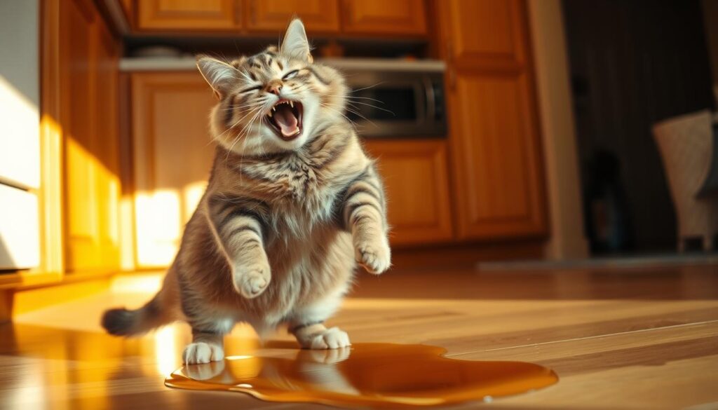 A panicked cat standing on its hind legs, mouth open, desperately licking spilled maple syrup from the kitchen floor. Warm, amber lighting casts dramatic shadows, emphasizing the cat's distressed expression. The scene is set in a cozy, domestic kitchen, with wooden cabinets and appliances in the background, hinting at the unexpected nature of this emergency situation. The cat's fur is meticulously rendered, each strand capturing the animal's frantic movements. The maple syrup puddle glistens, its viscous texture almost tangible. The overall mood conveys a sense of urgency and the need for immediate intervention to address the cat's unintended consumption of a potentially harmful substance. A panicked cat standing on its hind legs, mouth open, desperately licking spilled maple syrup from the kitchen floor. Warm, amber lighting casts dramatic shadows, emphasizing the cat's distressed expression. The scene is set in a cozy, domestic kitchen, with wooden cabinets and appliances in the background, hinting at the unexpected nature of this emergency situation. The cat's fur is meticulously rendered, each strand capturing the animal's frantic movements. The maple syrup puddle glistens, its viscous texture almost tangible. The overall mood conveys a sense of urgency and the need for immediate intervention to address the cat's unintended consumption of a potentially harmful substance.