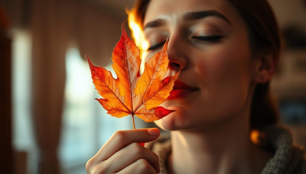 A person holding a maple leaf close to their nose, their eyes closed as they deeply inhale the rich, syrupy aroma. The leaf is backlit, casting a warm, golden glow over the scene. The background is blurred, placing the focus on the sensory experience of detecting the maple-like smell. The lighting is soft and diffused, creating a sense of intimacy and tranquility. The person's expression conveys a moment of peaceful contemplation, their senses heightened to fully experience the familiar, comforting scent. Subtle hints of a cozy, domestic setting may be visible in the background, further reinforcing the connection between the maple-like smell and the comforts of home.