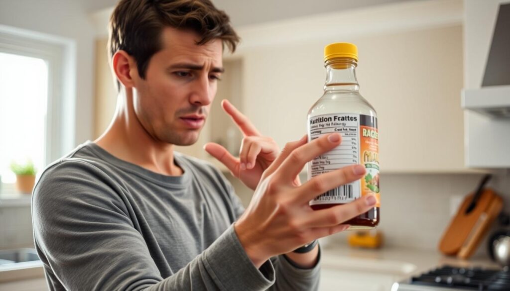 A person standing in a kitchen, struggling to read the nutrition label on a bottle of maple syrup. Their expression is one of concern and frustration, as they navigate the challenges of living with a maple syrup allergy. The kitchen is brightly lit, with natural light streaming in through a window, casting a warm glow on the scene. The person is wearing casual, comfortable clothing, reflecting the daily reality of managing their condition. The background is slightly blurred, keeping the focus on the individual and their personal experience with this dietary restriction. A person standing in a kitchen, struggling to read the nutrition label on a bottle of maple syrup. Their expression is one of concern and frustration, as they navigate the challenges of living with a maple syrup allergy. The kitchen is brightly lit, with natural light streaming in through a window, casting a warm glow on the scene. The person is wearing casual, comfortable clothing, reflecting the daily reality of managing their condition. The background is slightly blurred, keeping the focus on the individual and their personal experience with this dietary restriction.